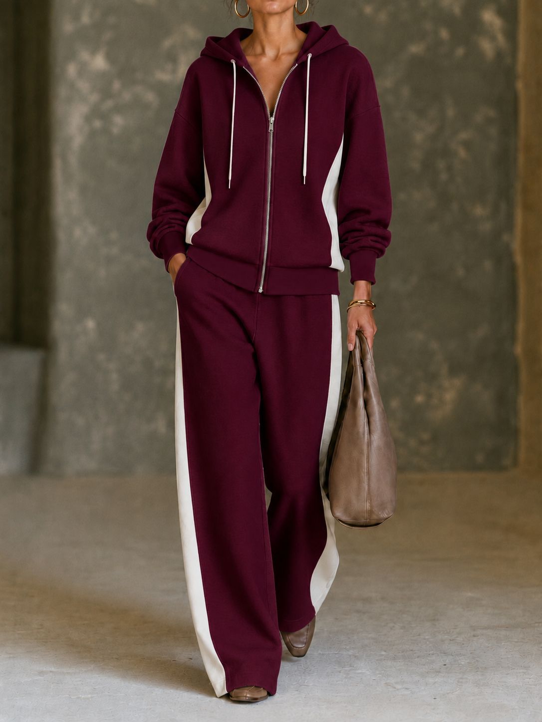 Women 2 Piece Tracksuit, Color Block Zip Up Hoodie & Wide Leg Pants Set, Casual Sweatshirt Jogger Outfit For Fall Winter