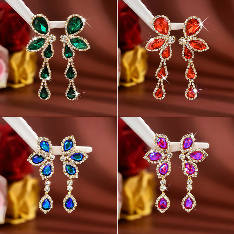 Korean New Style Colorful Water Drop Butterfly Earrings For Women, Sweet And Elegant, Super Shiny, High-End Rhinestone Flower Tassel Earrings