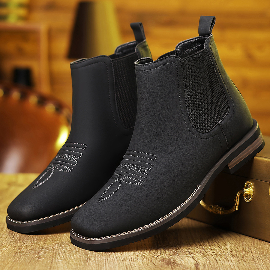 Cross-Border Hot-Selling Western Embroidered Chelsea Men's Boots, Retro Square-Toe… — image 1