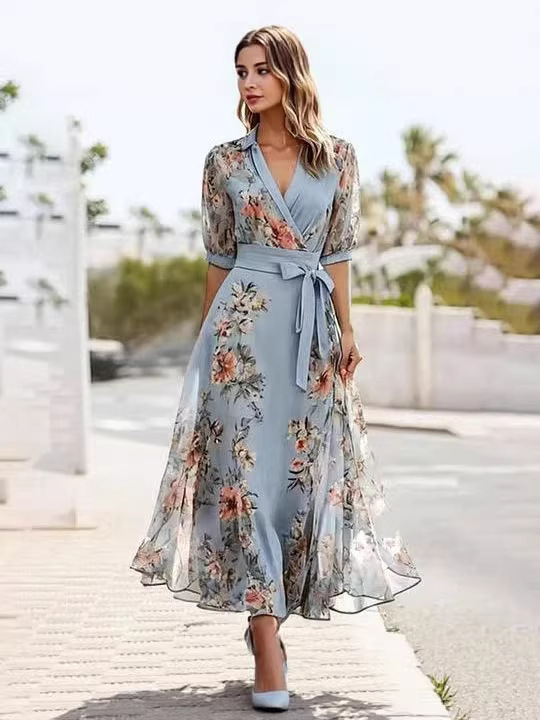 European And American Fashion Cross-Border New Chiffon Printed Short-Sleeved Dress With Belt