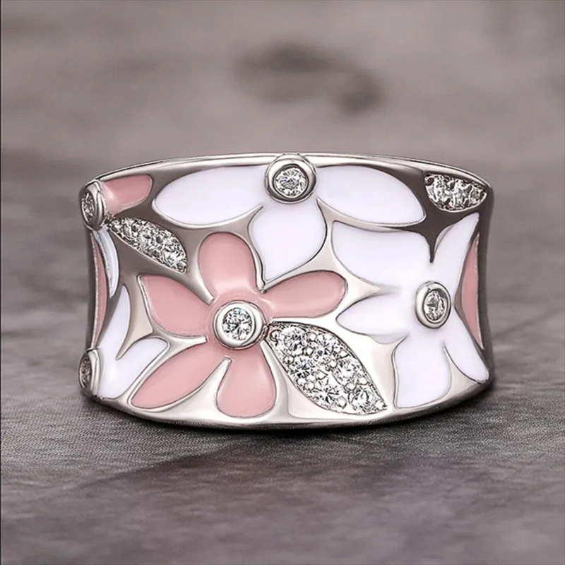European And American Cross-Border Heavy Industry Wide Version Ring Elegant Fresh Light Color Enamel Flower Micro-Inlaid Zircon Resin Women's Hand Jewelry