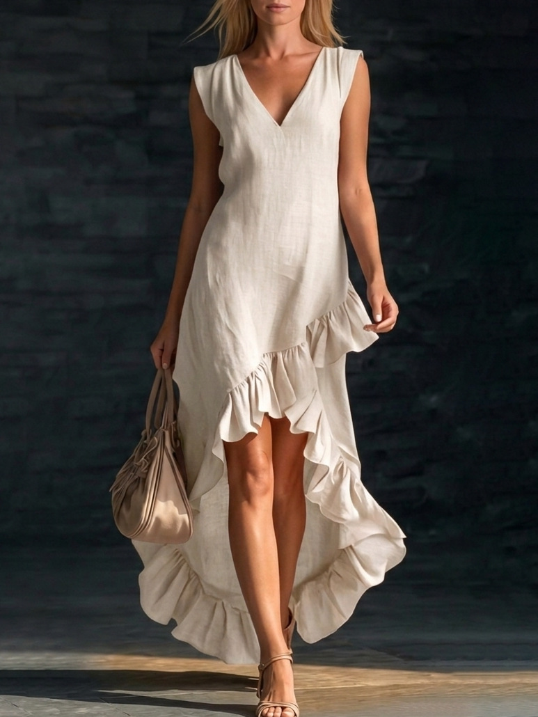 European And American Cross-Border Amazon New Fashion Romantic Sleeveless V-Neck Ruffled Hem Cotton And Linen Long Dress