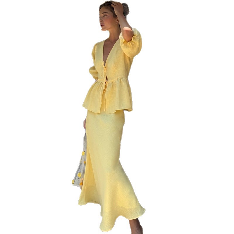 European And American Cross-Border Women's Clothing 2025 Summer New Fashion Puff Sleeve V-Neck Tie-Up Top High-Waisted Skirt Set 4