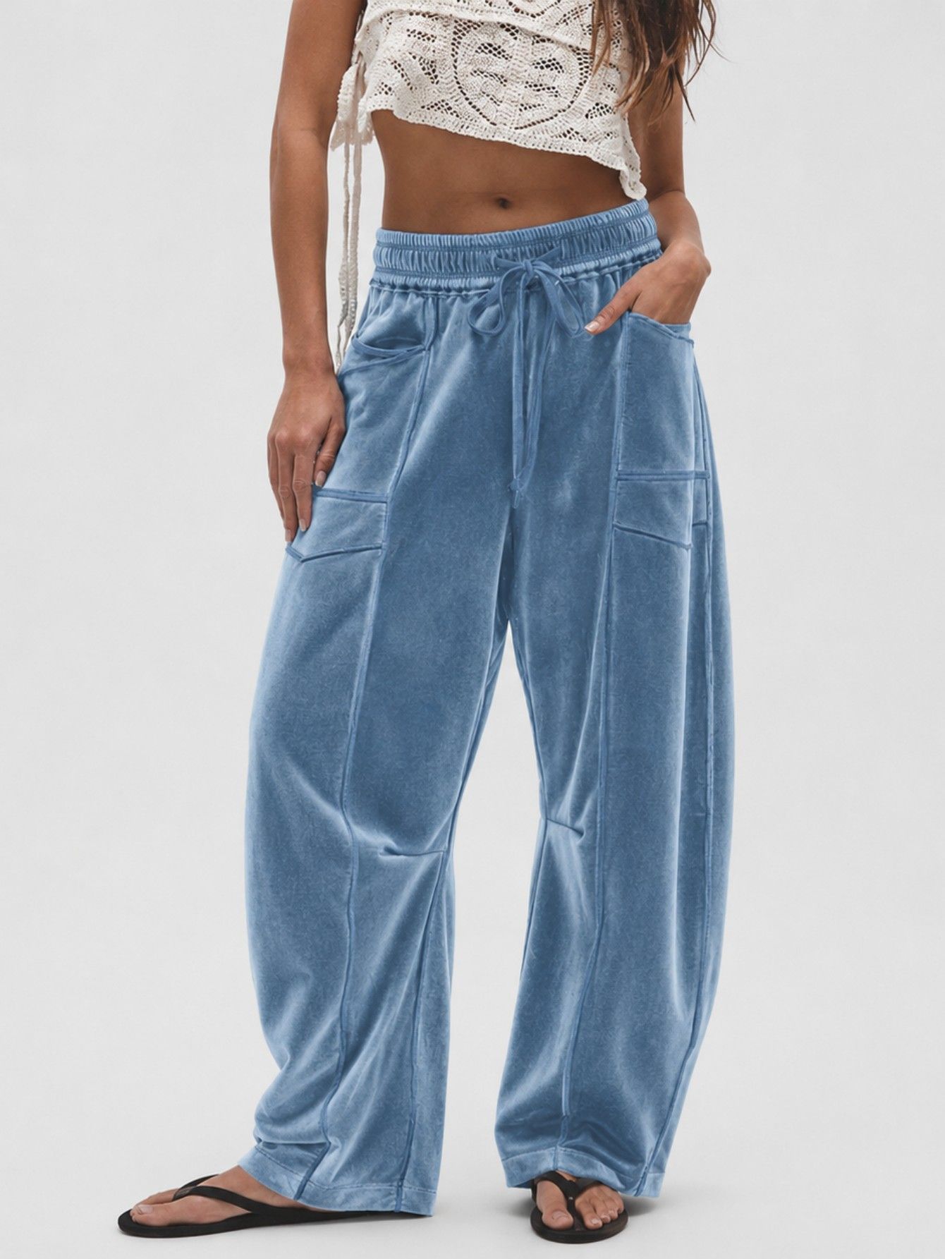 Anuo Women's Fall Winter Comfort Velvet Wide Leg Pants, Casual Fashion Drawstring Loose Trousers