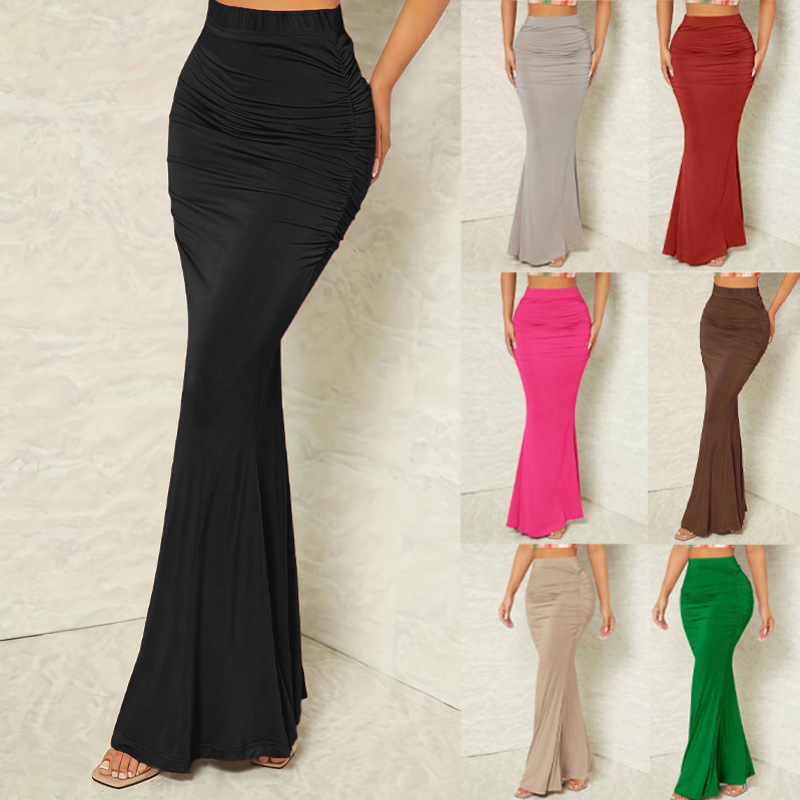 Women's Clothing Autumn And Winter Independent Site High-Waisted Slimming Solid Color Elastic Pleated Fishtail Skirt