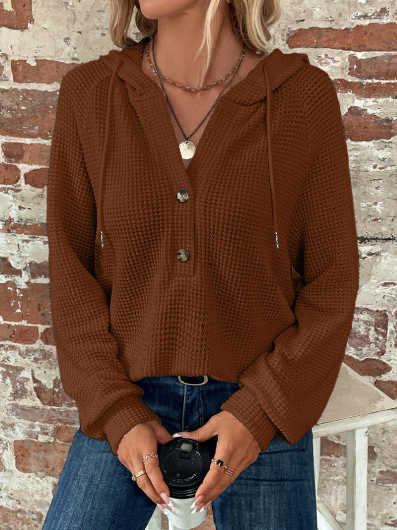 European And American Style New Fall And Winter Solid Color Hooded Button Loose Long-sleeve Sweatshirt For Women — image 5 of 9