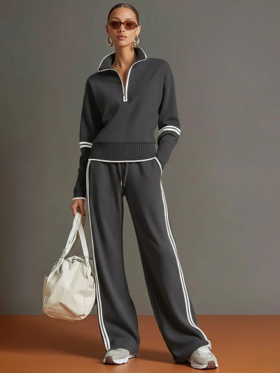 New Autumn Winter European & American Style Women's Fashion Casual Zipper Coat Sports Two-Piece Set