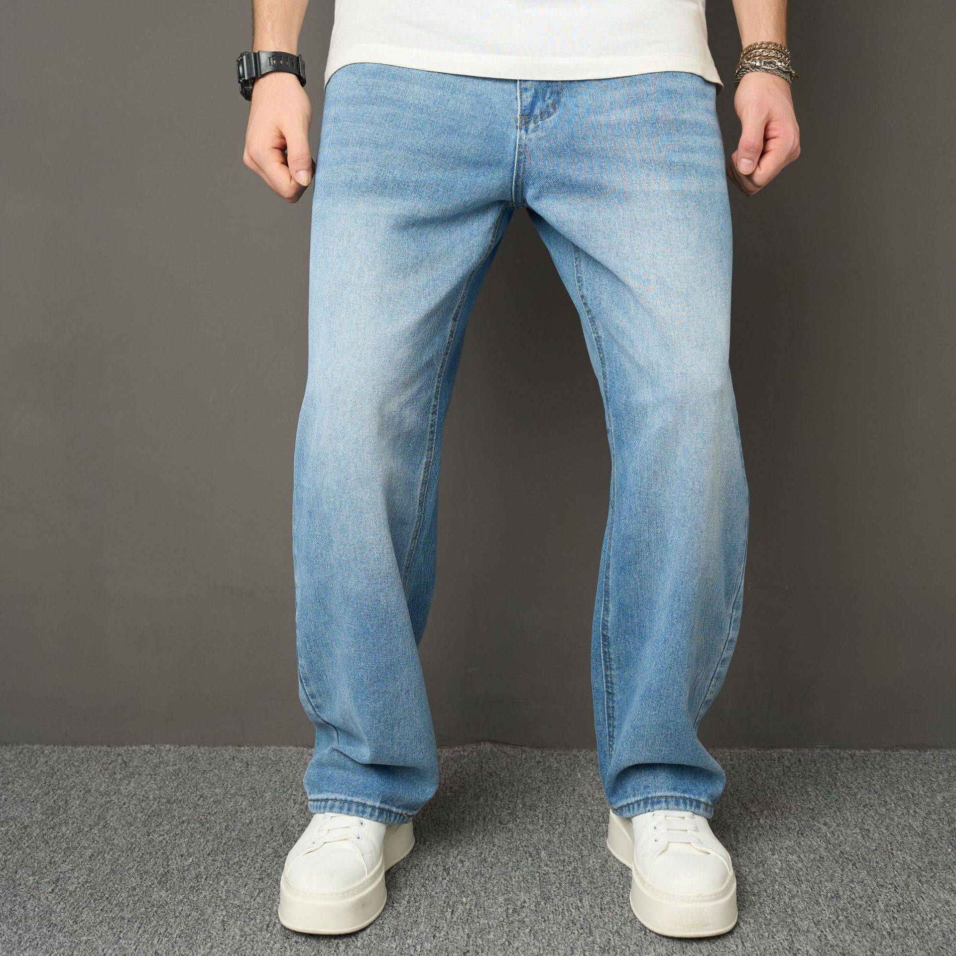 European And American Street BIKER JEANS Fashion Brand Ma Ying High Street Men's JEANS Loose Wide Leg Straight Pants Men