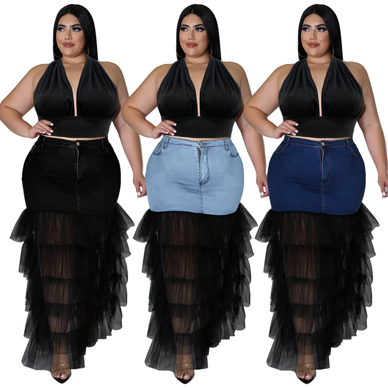 218187 Cross-border Europe And The United States Large Size Women's New Wash Denim Mesh Sexy Skirt Amazon