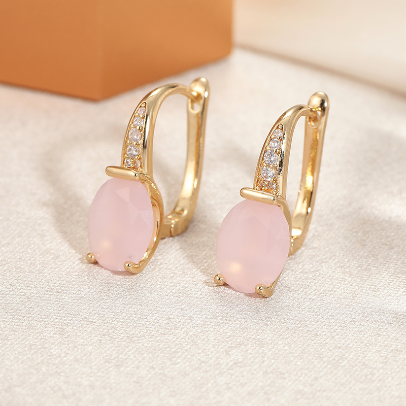 Blush Oval Stone Drop Earrings Gold Tone Brass Women Elegant Crystal Party Fashion Jewelry Versatile