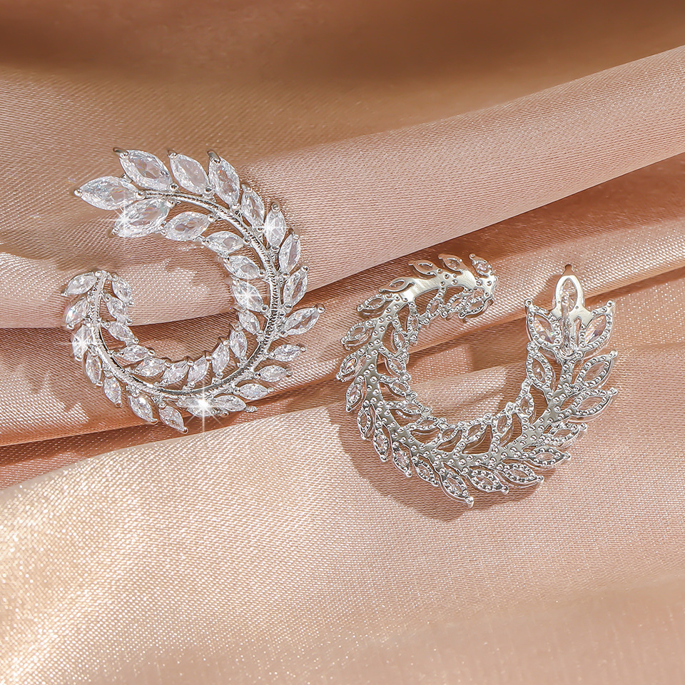 Cross-Border New Product Olive Branch Zircon C-Shaped Earrings Silver Full Diamond Earrings Simple Commuter Style European And American Style Cross-Border Wholesale