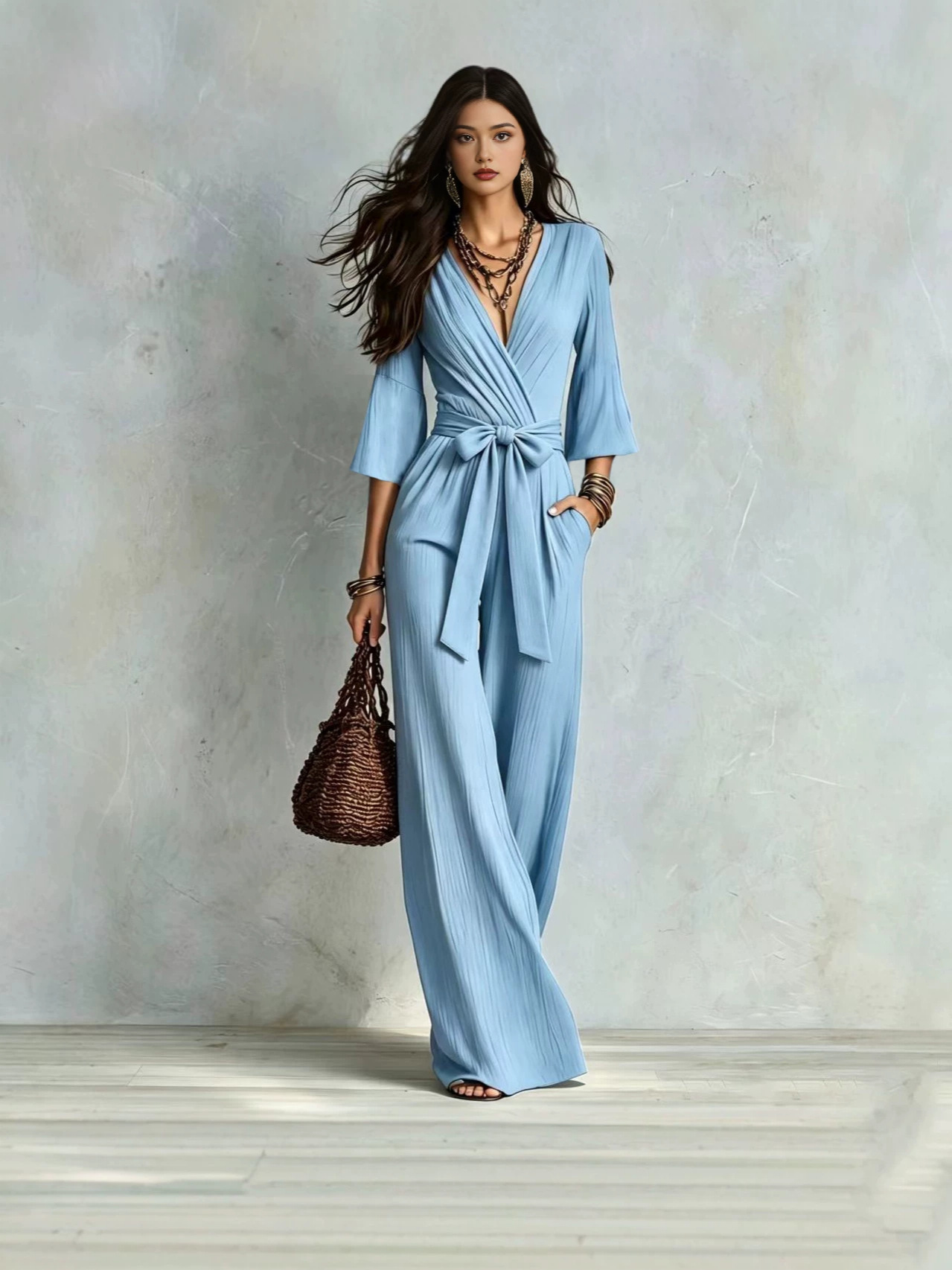 2026 Toamna stil francez Deep V Neck Puff maneca picior larg Salopeta pentru femei cu centura talie Slăbire talie mare Salopeta lunga