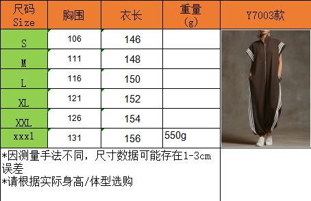 Y7003 striped zip-front jumpsuit size chart showing bust and garment length for S to 3XL