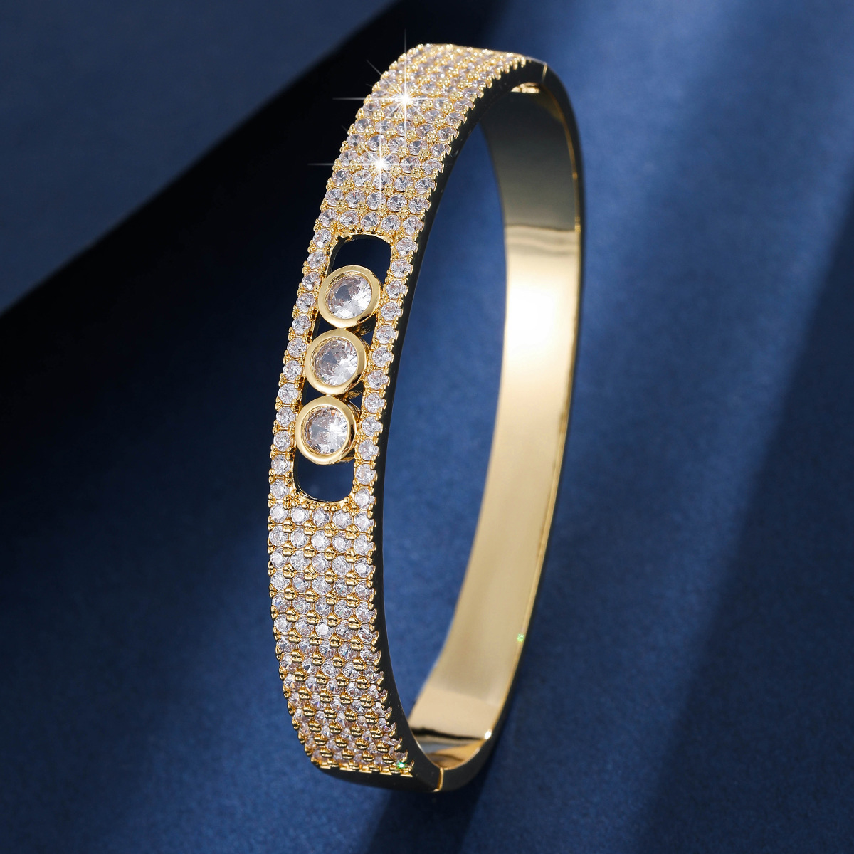 Geometric Wide Zircon Inlaid Bangle For Women, Luxury Elegant Wrist Bracelet For Banquet Commute Daily Wear & Gifting