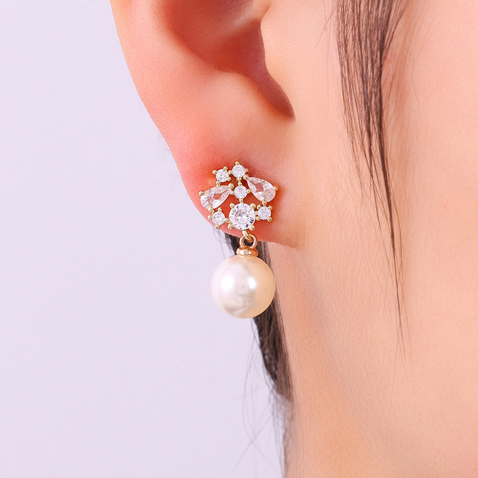 Elegant Gold-Plated Pearl Drop Earrings with Cubic Zirconia for Women 4