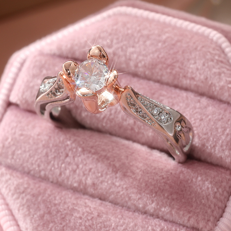 Two Tone Floral Crystal Ring Silver Rose Gold Brass Women Elegant Wedding Party Fashion Jewelry