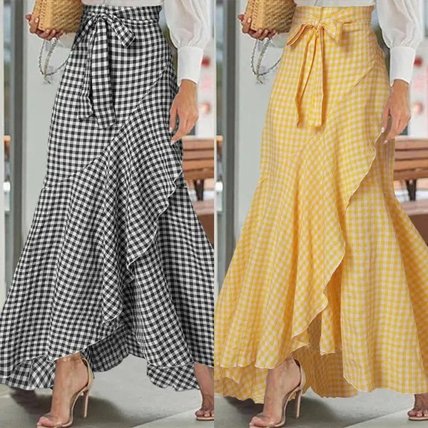 Cross-Border Women's Plaid Mermaid Skirt With Ruffled Irregular Hem, High-Waisted Casual Umbrella Wrap Long Skirt