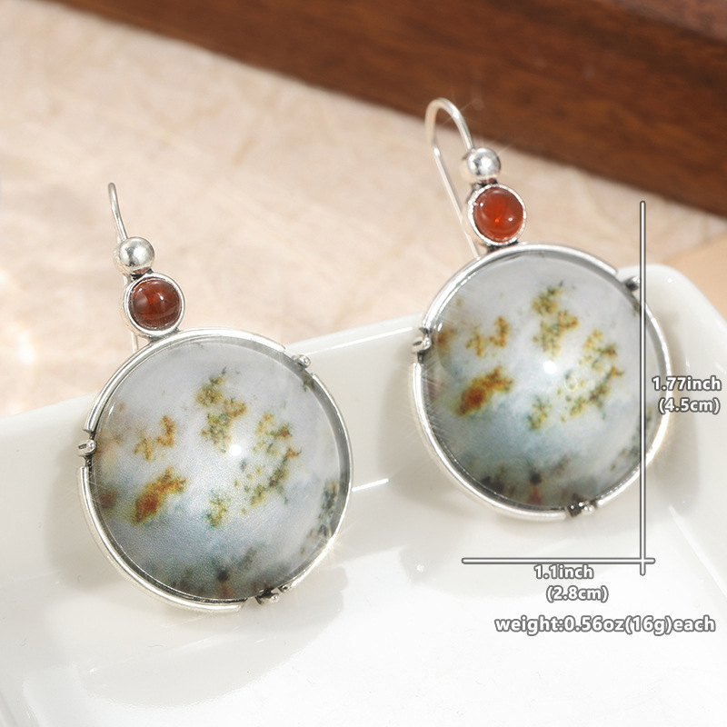 Vintage Moss Pattern Stone Drop Earrings Silver