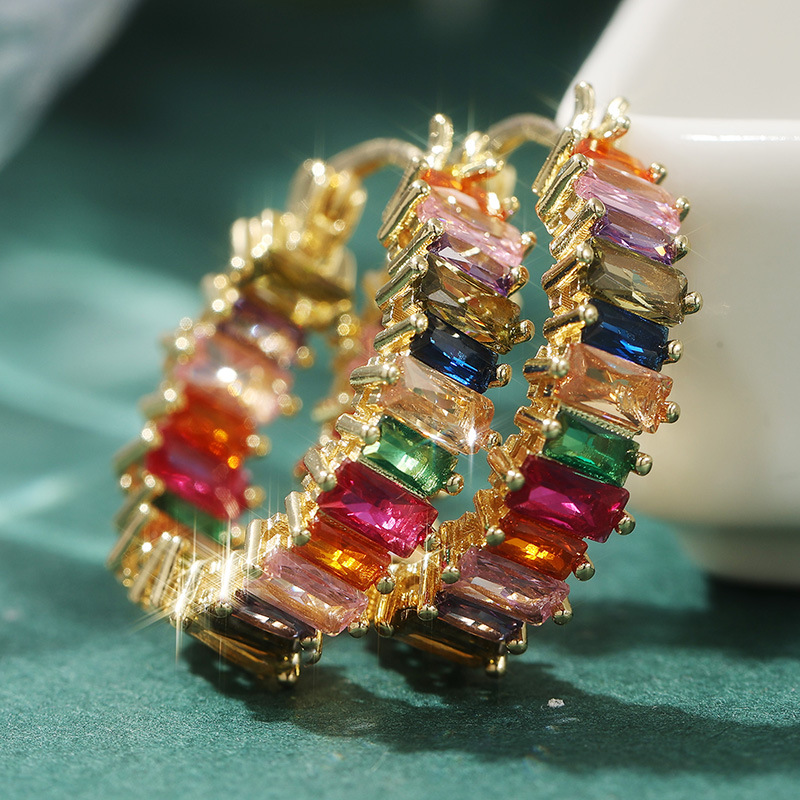 Colorful Baguette Crystal Hoop Earrings Gold Tone Brass Women Party Statement Fashion Jewelry Elegant Sparkling