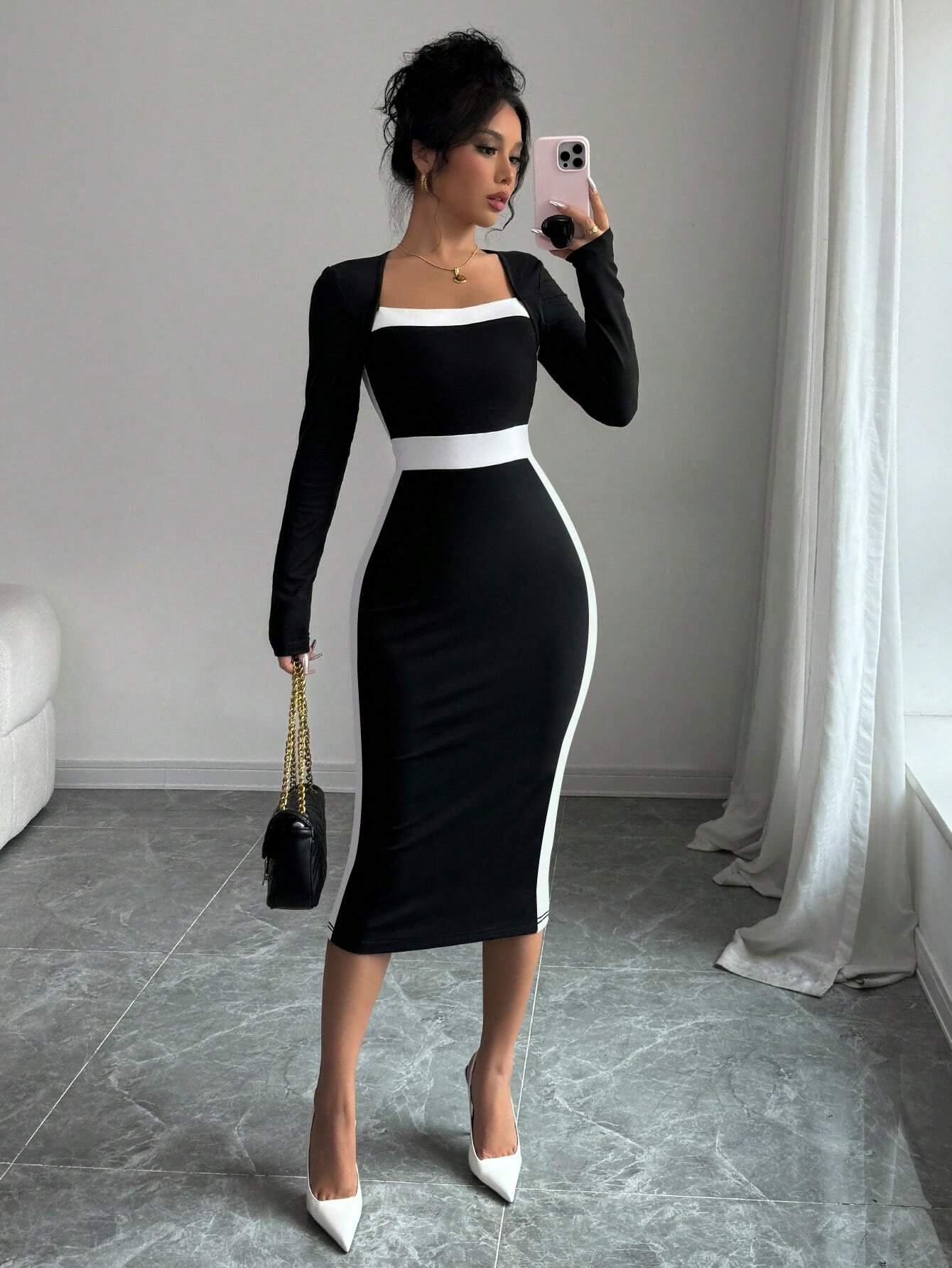 European And American Women's Fashionable And Elegant Slim-Fitting Square-Neck Long-Sleeved Hip-Hugging Splicing Dress