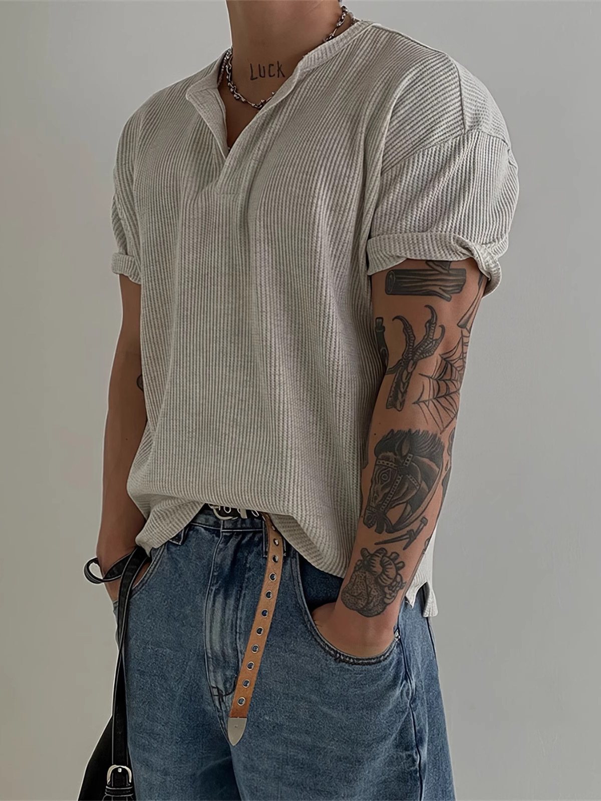 Henry Collar Waffled Short-sleeved T-shirt Men's Summer