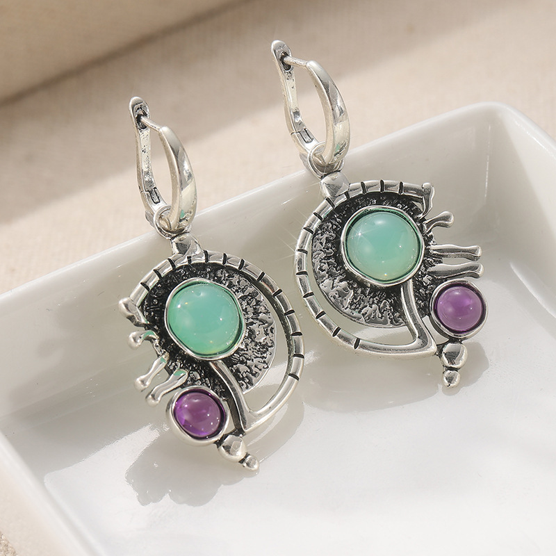 Vintage Aqua Purple Celestial Drop Earrings Silver Tone Brass Women Boho Artistic Party Fashion Jewelry