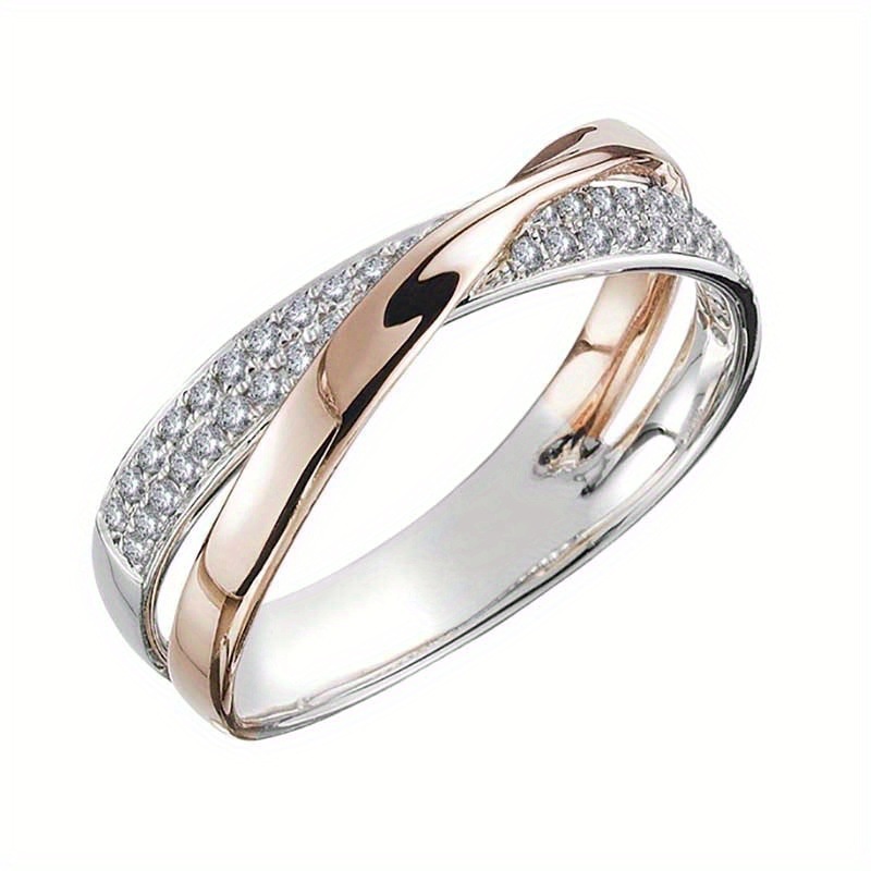 Inel elegant încrucișat din cristal în două tonuri Argint Rose Gold Brass Femei Petrecere de nuntă Bijuterii la modă