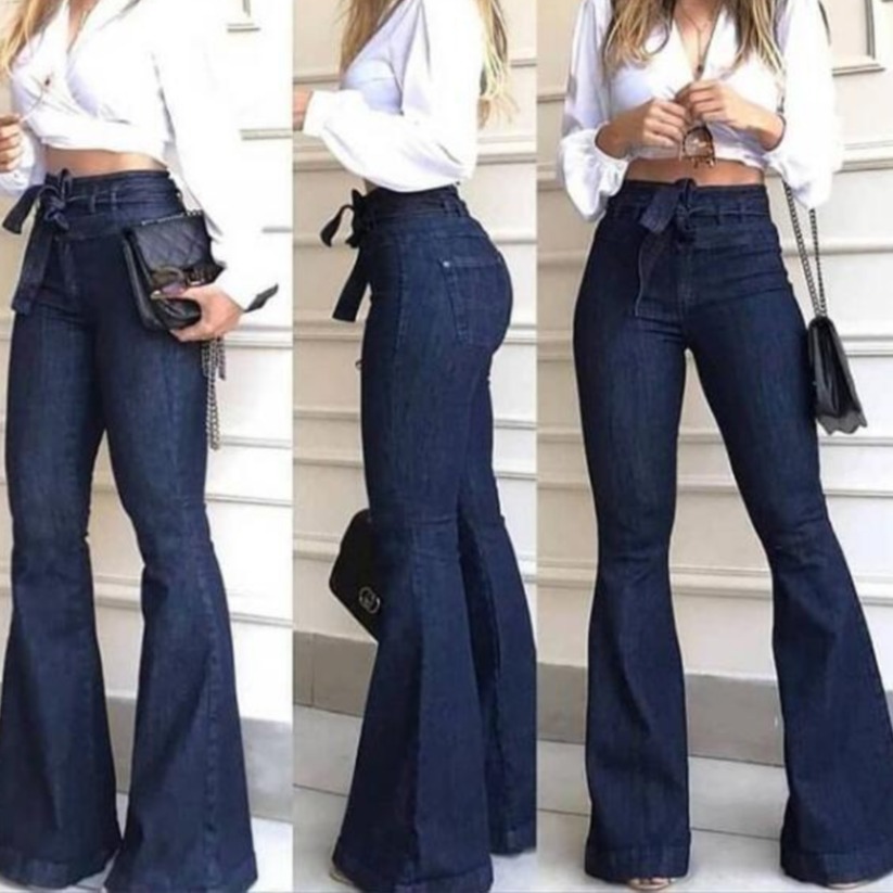 2026 European And American Export Cross-Border High-Waisted Micro-Elastic Lace-Up Flared Pants Wide-Leg Pants Women's Jeans