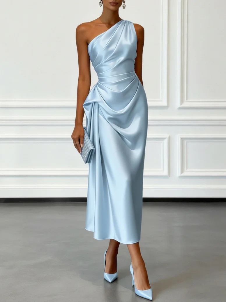 2026 European And American Cross-Border Foreign Trade New High-End Satin Pleated Waist-Cinching Sleeveless Evening Dress For Women