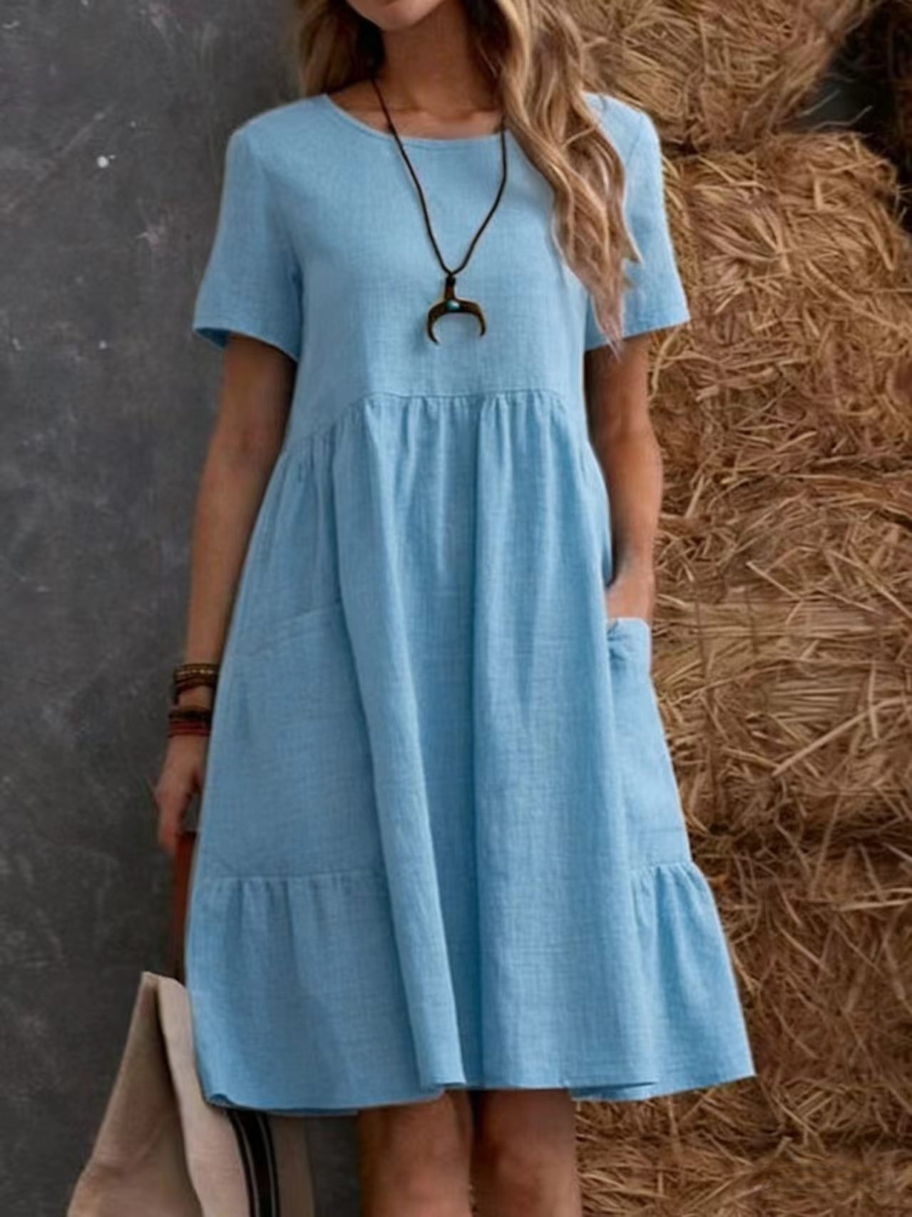 Remnant Women's Round-Neck Pocket Dress — Sky blue