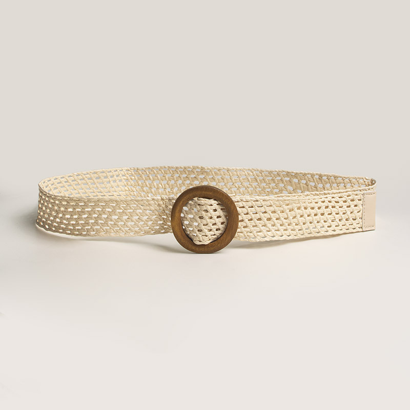 Ceinture tissée élastique PP en raphia de style coréen pour femme avec boucle en bois, respirante, polyvalente, belle, décontractée et ethnique