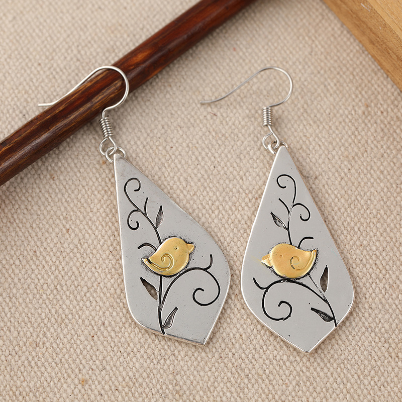 Vintage Bird Vine Drop Earrings Silver Gold
