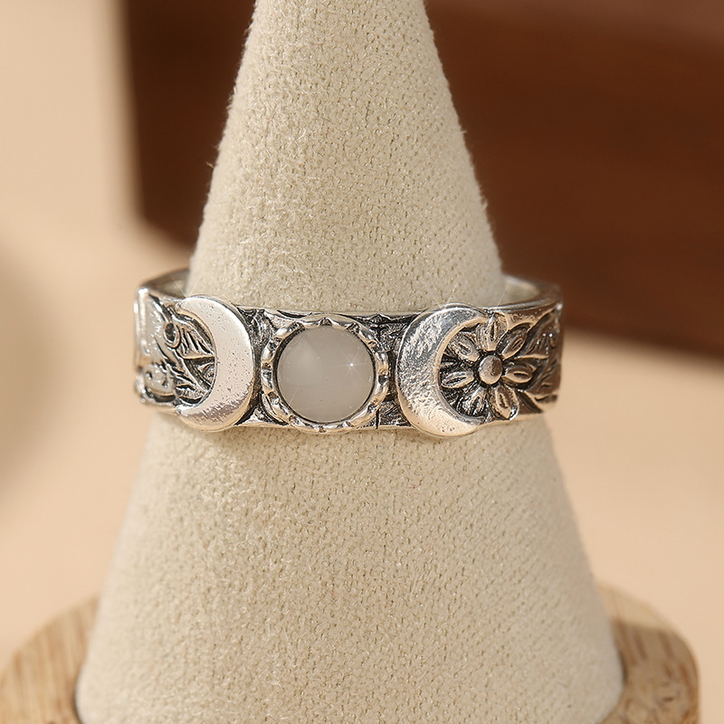 Bague Céleste Croissant Soleil Pierre Argent Laiton Femmes Vintage Boho Mode Bijoux Déclaration Élégant