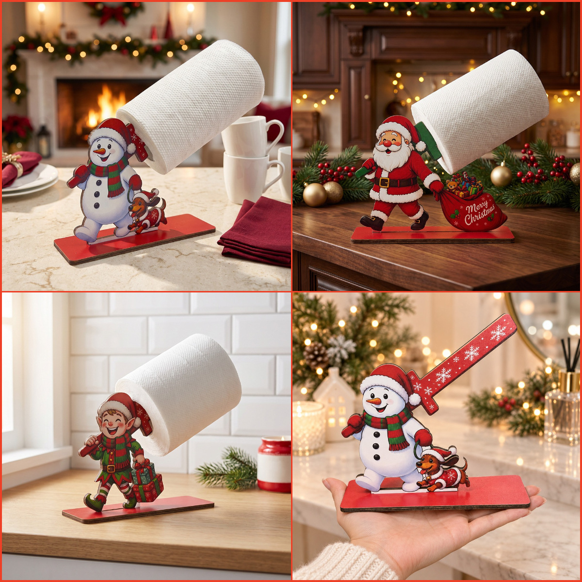 Christmas Wooden Paper Towel Holder Santa Snowman Elf Kitchen Bathroom Holiday Home Decor Festive Stand