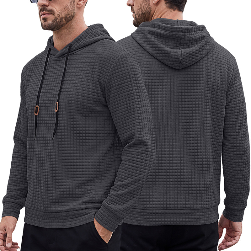 Cross Border Amazon Men's Small Square Texture Hooded Sweater Drawstring Hoodie Casual Long Sleeve Pullover Sports Top