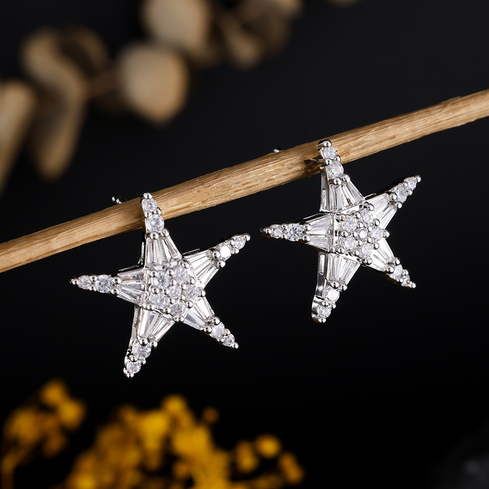 Women Star Baguette Round CZ Stud Earrings, Rhodium Plated Statement Star Ear Jewelry
