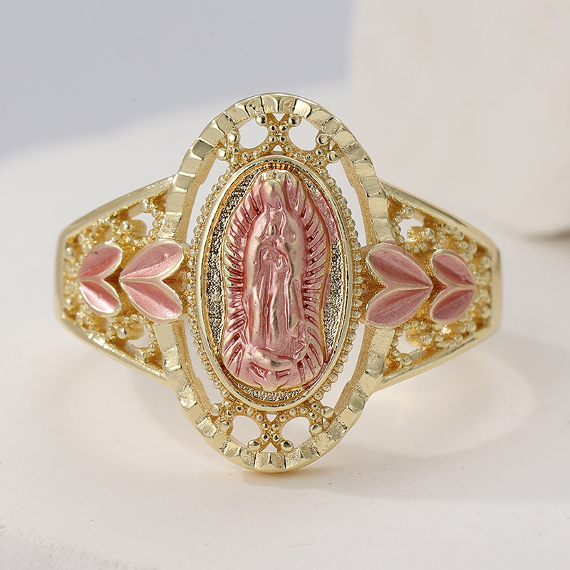 Vintage Blush Cameo Ring Gold Tone Brass Women Floral Statement Party Fashion Jewelry Elegant Retro