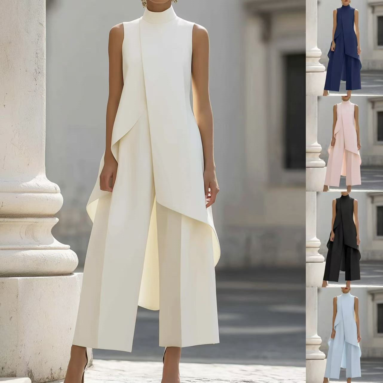 2026 European And American Fashion New Style, Slim-Fit Irregular Design, High-Neck Sleeveless Layered Wide-Leg Pants Two-Piece Set