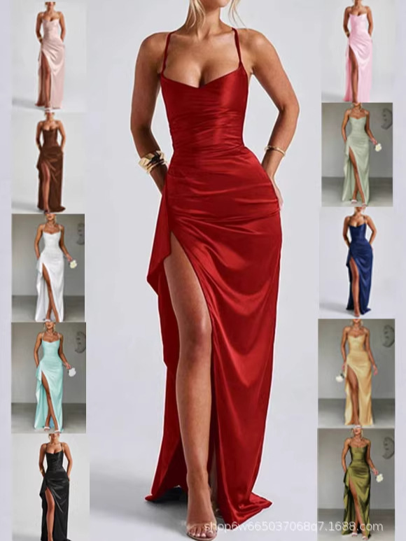 Amazon 2026 European And American Summer New Elegant And Fashionable Solid Color Long Dress With Shoulder Straps And Slit For Women