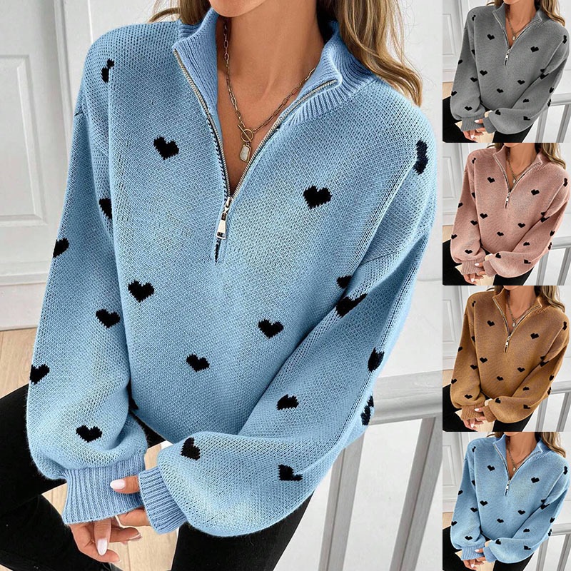 2026 Autumn New Women's Fashion European And American Amazon Cross-Border Trade Knitted Long-Sleeve Heart Pattern Zipper Sweater