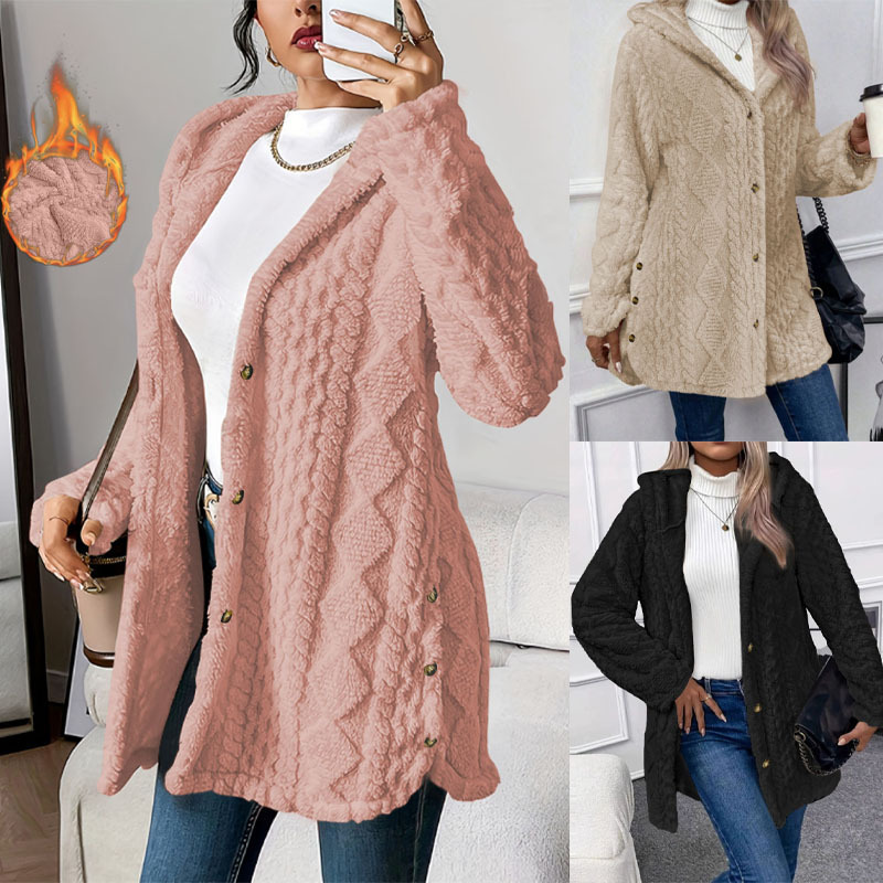 Women Hooded Fuzzy Fleece Coat, Button Down Jacquard Plush Mid Length Warm Casual Winter Jacket With Side Buttons