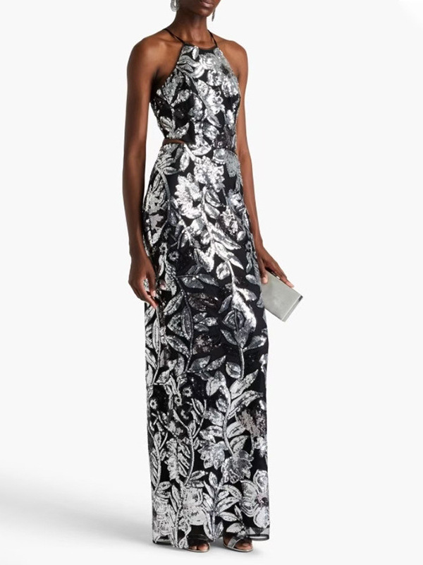 Silver Floral Sequin Halter Midi Bodycon Dress product image