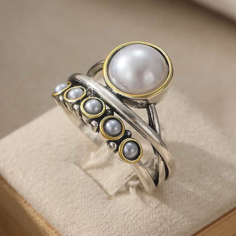 European And American Fashion Retro Thai Silver-Colored Ring, Vintage-Style Round Ring, Three-Layer Cross Imitation Pearl Ring