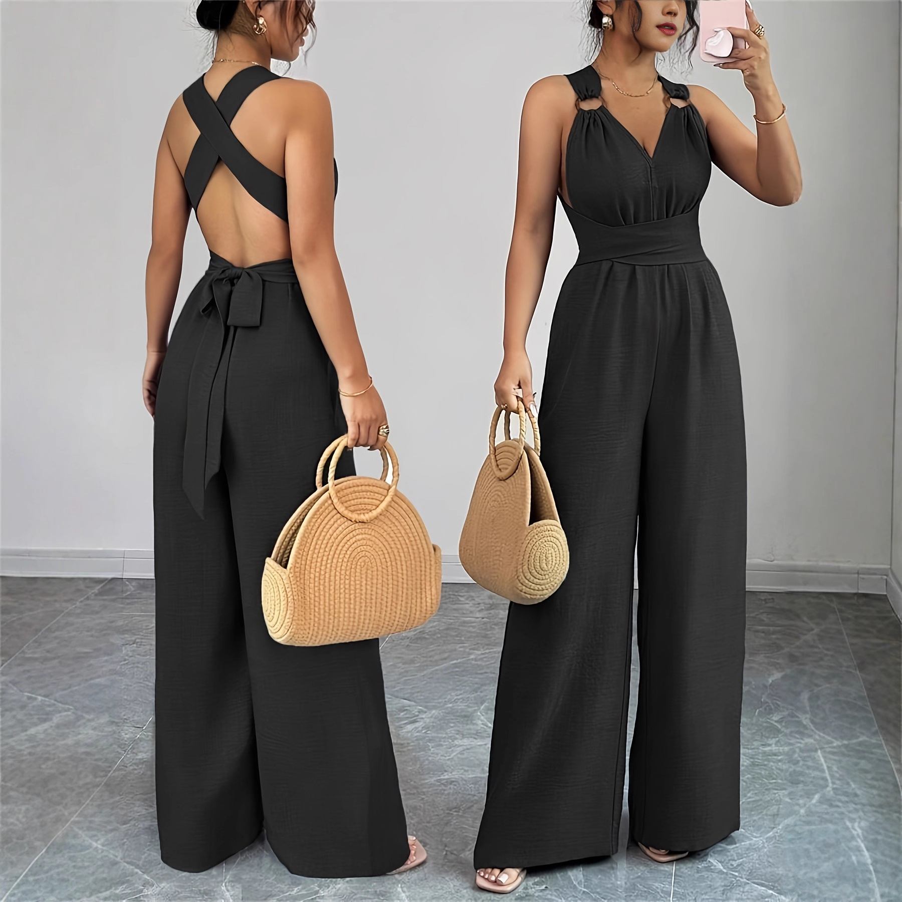 2025 Amazon European și American Cross-Border New Moda pentru femei Sexy V-Neck Cross Belt Wide-Leg Salopetă