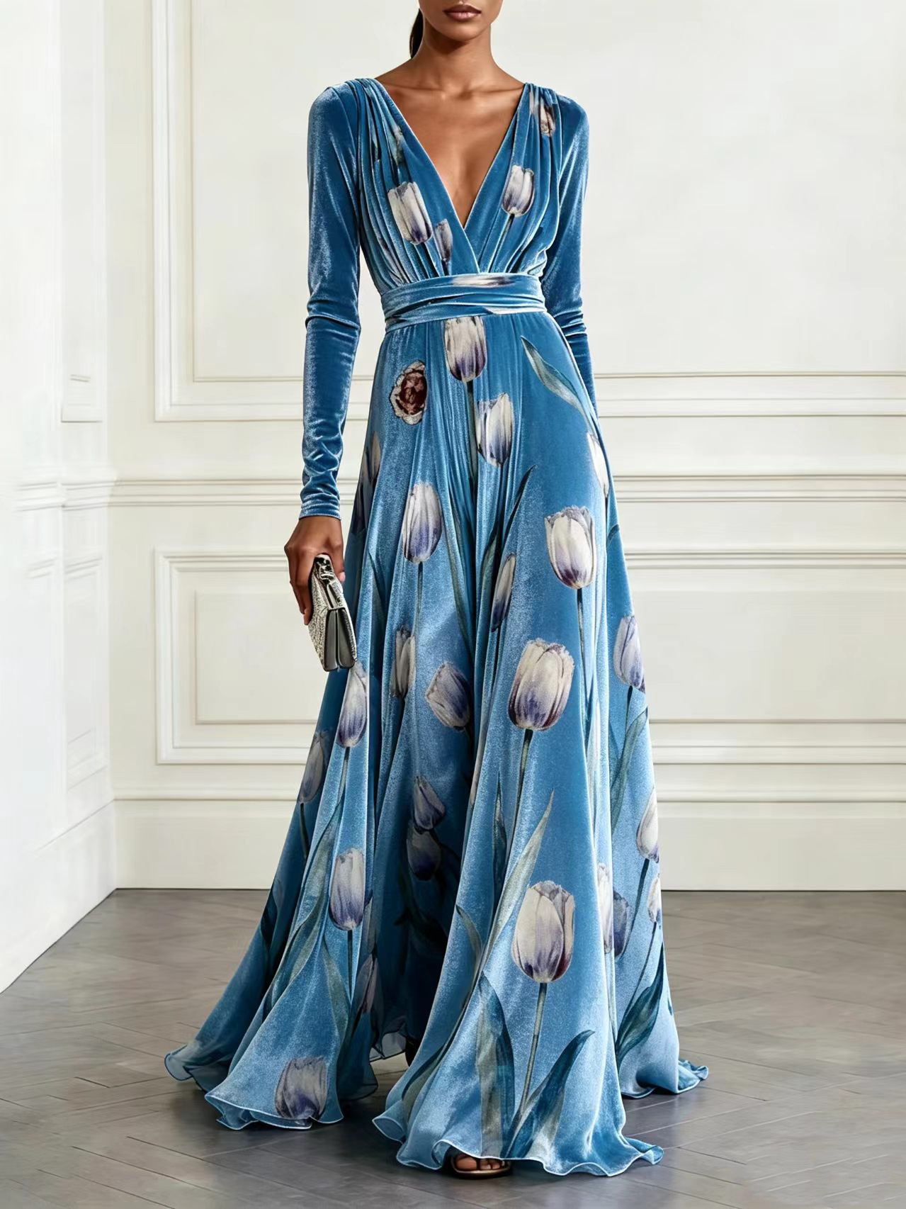 2026 New European And American Cross-Border Women's V-Neck Printed Velvet Long-Sleeve Dress Elegant Waist-Cinching Evening Gown Long Dress
