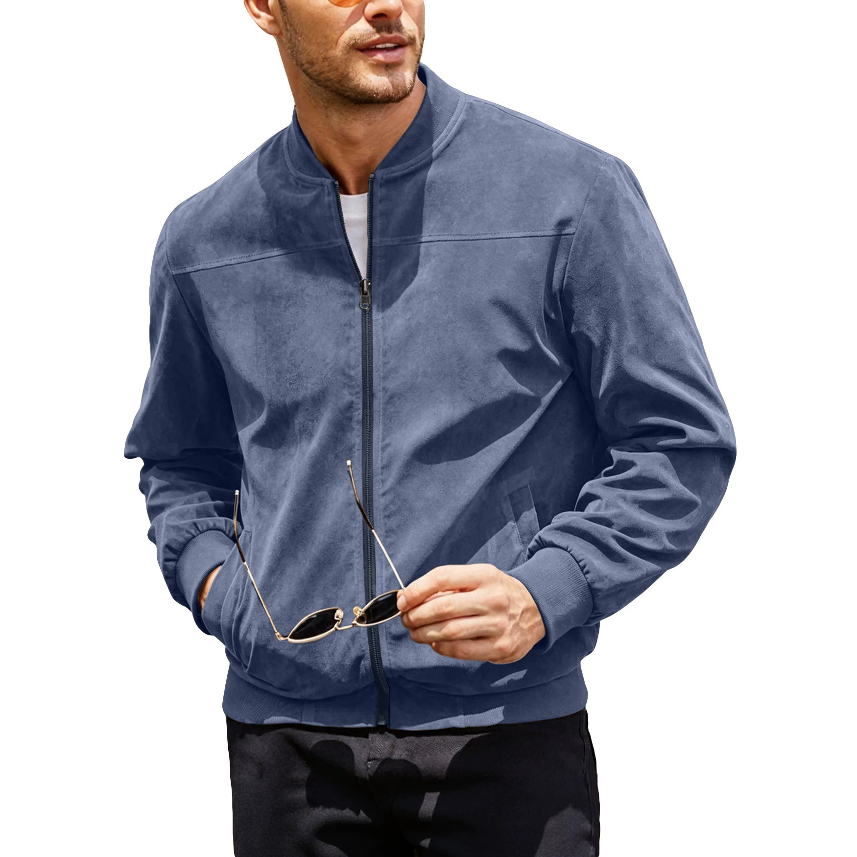 Cross-Border European And American  Men's Suede Zipper Jacket With Solid Color Patchwork Design, Simple Solid Color Outerwear