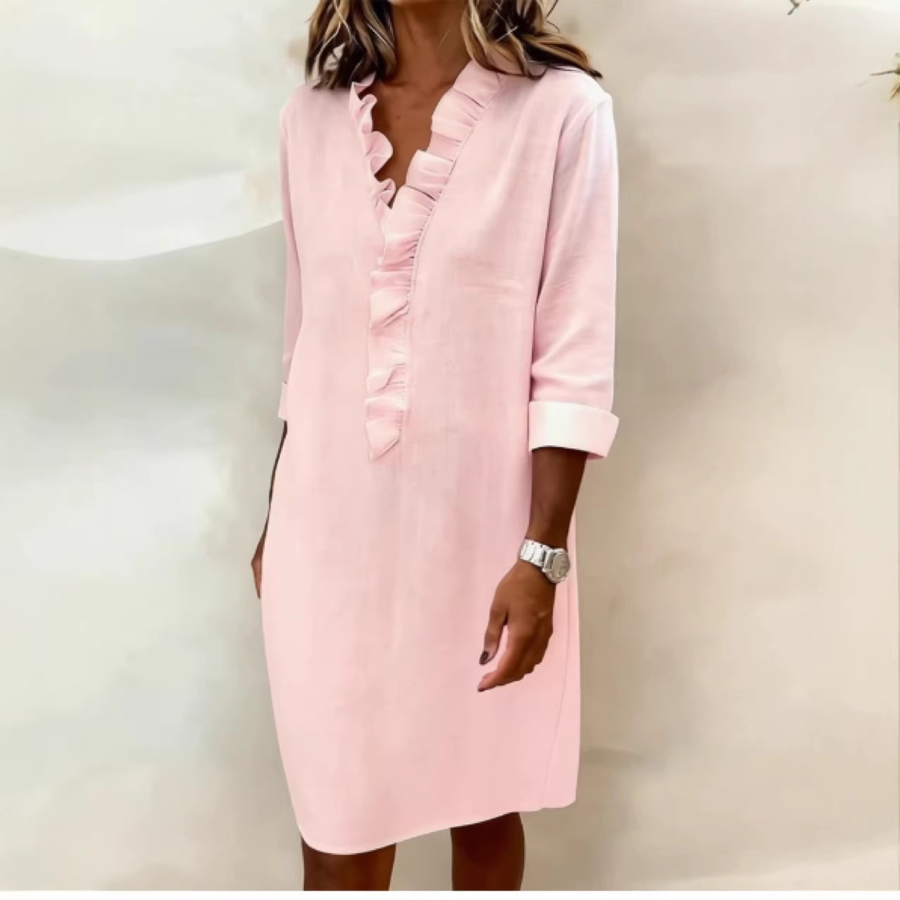 European And American Cross-Border Spring New Fashion Slim-Fit Women's Ruffled Long-Sleeve Cotton-Linen Shirt Dress