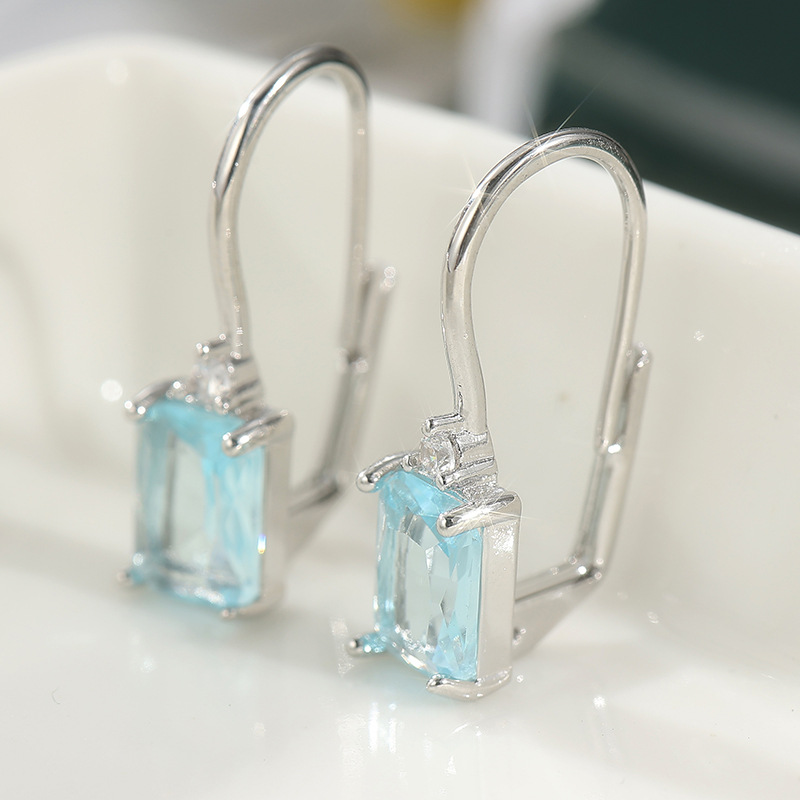 Elegant Blue Rectangle Crystal Drop Earrings Silver