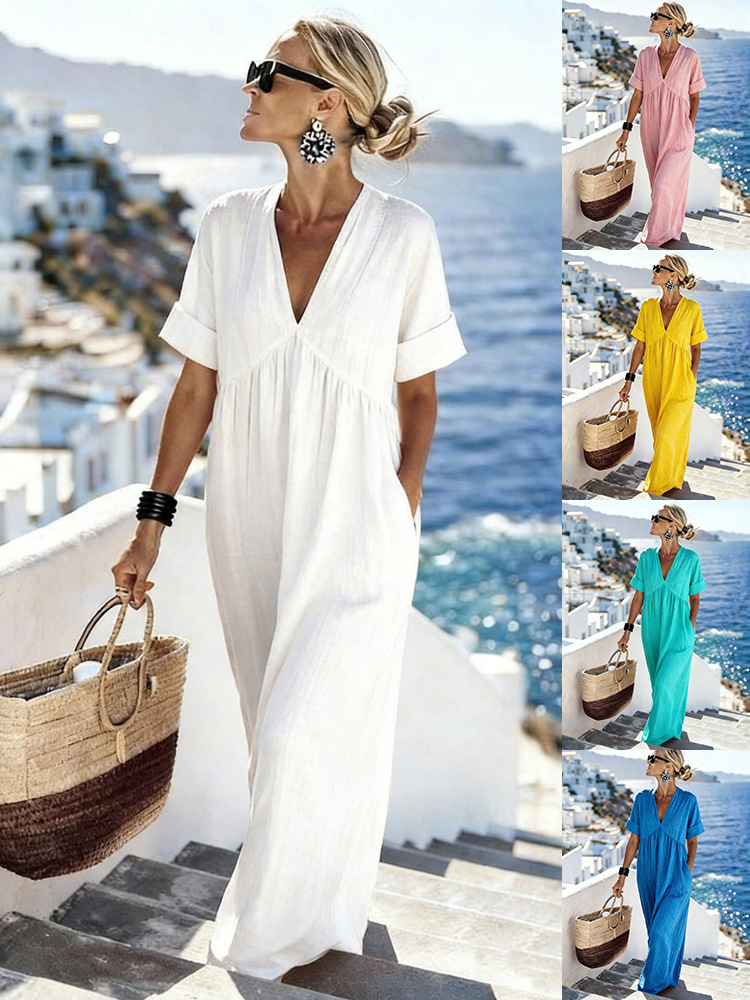 Women V Neck Short Sleeve Solid Maxi