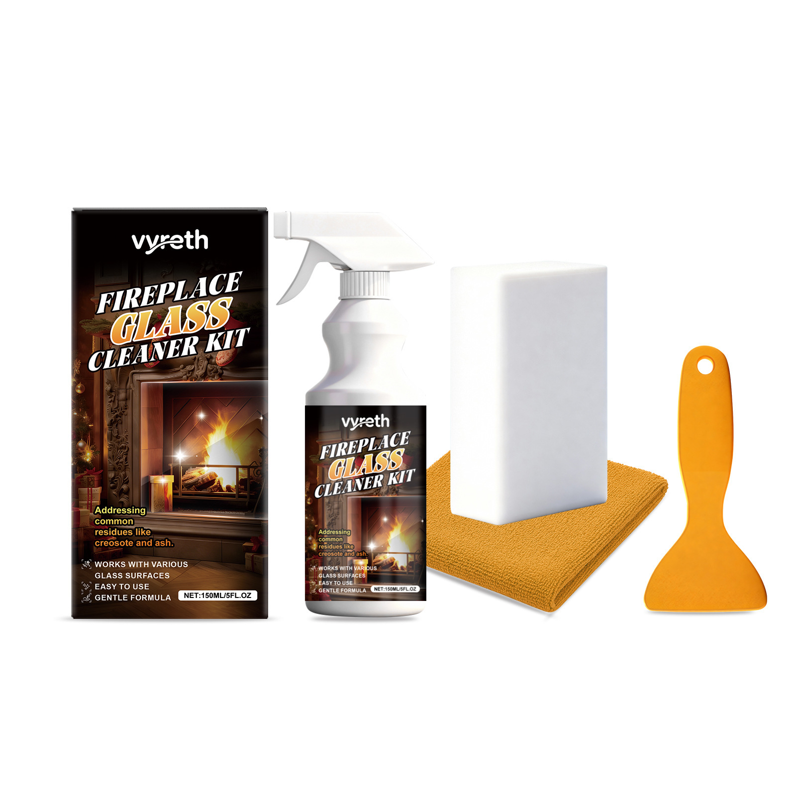 Vyreth Fireplace Glass Cleaning Kit Is A Convenient And Easy-To-Use Household Cleaning Product For Cleaning Fireplace Glass And Removing Stains